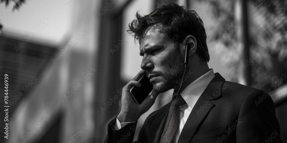 Poster a man in a suit talking on a cell phone. suitable for business communication concepts
