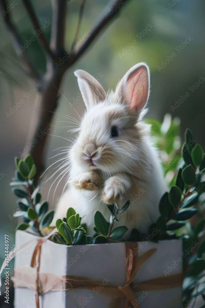 Aufkleber a white rabbit sitting in a box, versatile image for various projects