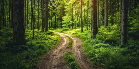 A scenic view of a dirt road in a dense forest. Suitable for nature and outdoor themes