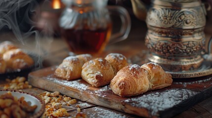 Freshly baked croissants and assorted nuts on a rustic wooden cutting board. Perfect for food and bakery concepts