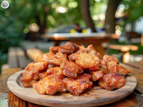 Small pieces of fried pork meat on a wooden table, outside in a restaurant during the summer with copy paste.