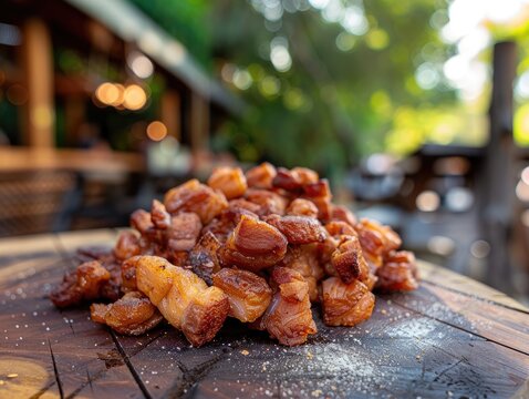 Small pieces of fried pork meat on a wooden table, outside in a restaurant during the summer with copy paste.