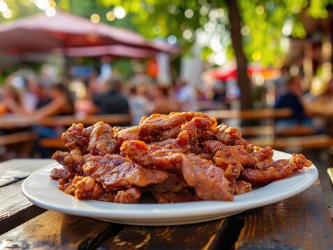 Small pieces of fried pork meat on a wooden table, outside in a restaurant during the summer with copy paste.