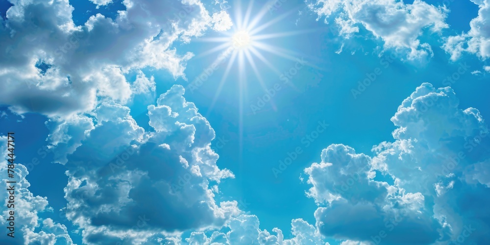 Poster sun shining brightly through the clouds, ideal for nature and weather concepts