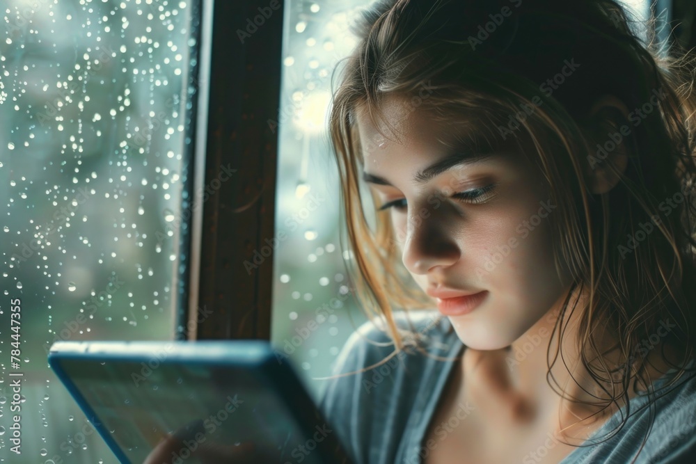 Poster A girl using a tablet computer in front of a window. Ideal for technology and lifestyle concepts