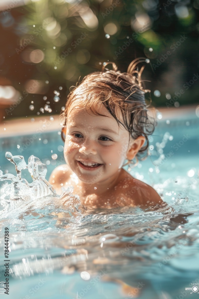 Poster a small child having fun in a pool. suitable for summer activities concept