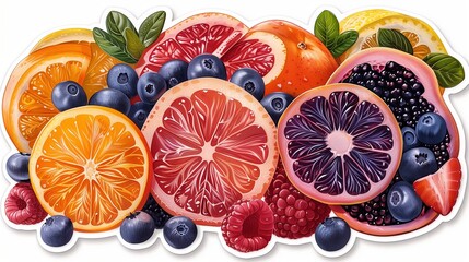 A set of colorful fruit stickers, placed on a solid white background, showcasing their juicy...