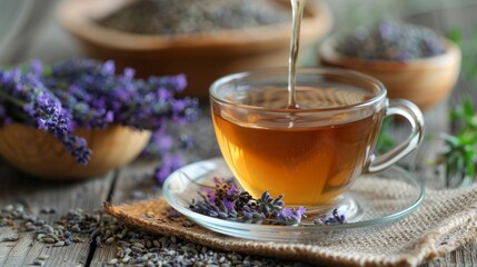 Cup of healthy lavender tea and dry lavender flowers. Bowls of dry medicinal herbs on background