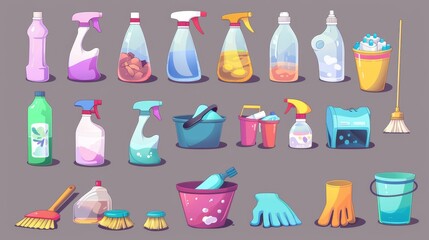 A modern cartoon setting of house cleaning materials, including brushes, soap, brooms, gloves, and household chemicals in bottles, washing powder, buckets, dustpans, and irons. - obrazy, fototapety, plakaty