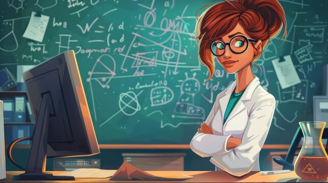 An illustration of a school chemistry teacher in a classroom with a computer, scientific formulas written on the blackboard and wearing eyeglasses. Female character in white coat and eyeglasses