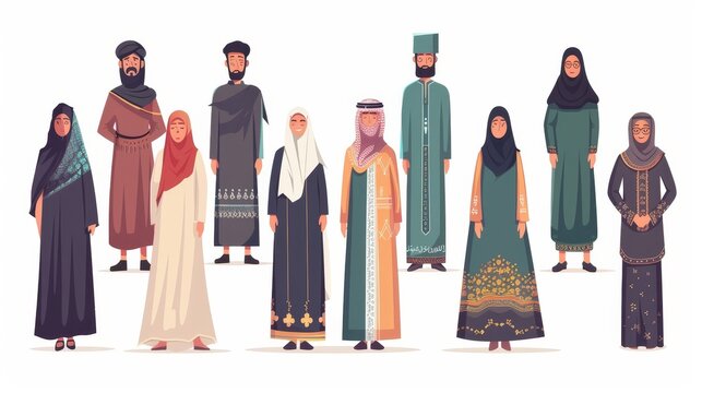 An illustration set of young Arab people wearing traditional Islamic clothing isolated on a white background.