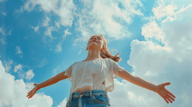 A young girl reaching up into the sky. Ideal for inspirational or motivational content