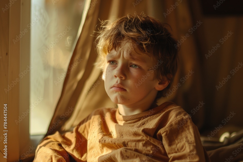 Poster A young boy sitting in front of a window. Suitable for various concepts and designs