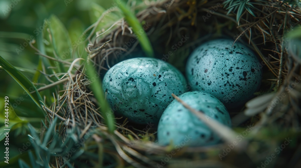 Poster Three eggs in a nest on a tree branch. Suitable for nature and wildlife themes