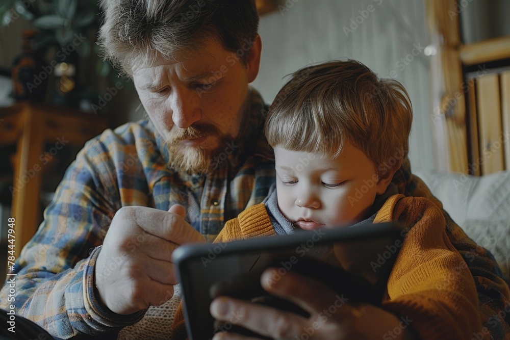 Poster a man and a child looking at a digital tablet. suitable for technology concept