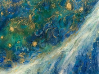 Blue and gold painting with white swirls