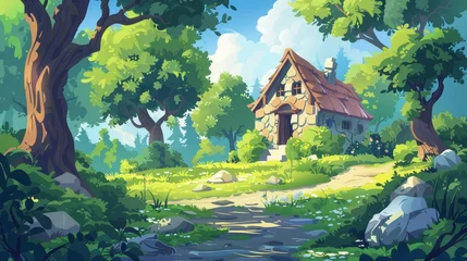 Fototapeten Forest landscape with stone forester home and woodpile stack, modern cartoon illustration of a summer forest scene with a farm house on a glade, trees, grass, and flowers. © Mark
