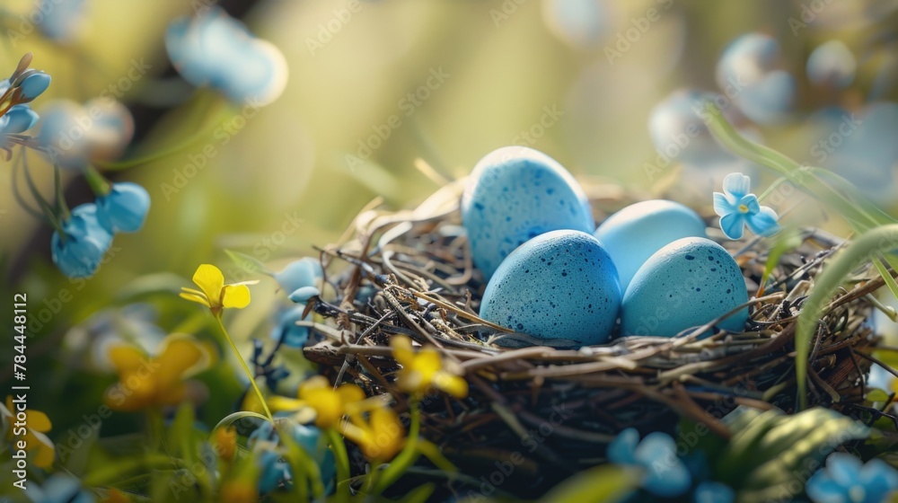 Poster three blue eggs in a nest surrounded by flowers. suitable for spring and easter themes