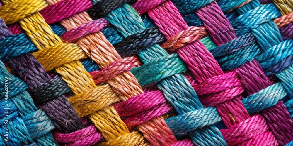 Poster close up of vibrant multicolored yarn weave, perfect for textile and craft projects