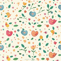 A colorful floral pattern with hearts and birds. The flowers are in various colors and sizes, and the birds are scattered throughout the design. Scene is cheerful and playful, with a focus on nature
