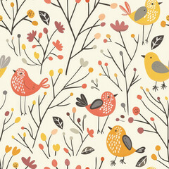A colorful bird pattern with birds of different sizes and colors. The birds are scattered throughout the pattern, with some closer to the foreground and others further back - obrazy, fototapety, plakaty