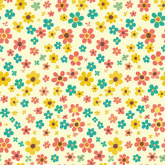 A colorful floral pattern with yellow, pink, and green flowers. The flowers are scattered throughout the image, creating a vibrant and cheerful atmosphere