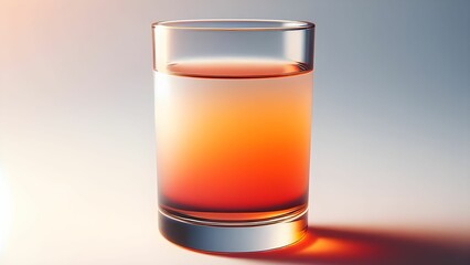 A glass cup containing a gradient mixture of transparent glowing orange liquid on an abstract white background