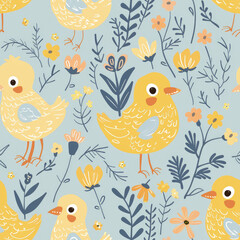 Easter pattern, little chicks, flowers, beautiful colors
