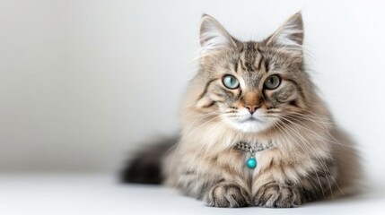 Fashion beauty cat is wearing necklace. Pretty cat wears jewelry.