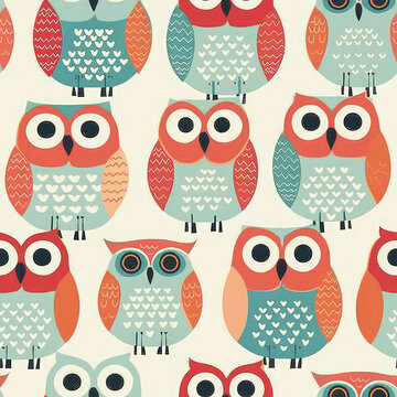 A colorful pattern of owls with hearts on their faces. The owls are arranged in a row and are of different sizes. Scene is cheerful and playful