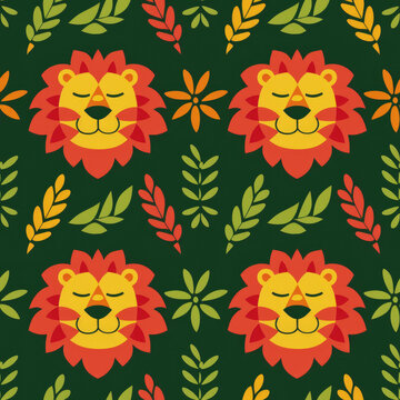 cute rasta lion using the colors red, gold, and green in a seamless pattern