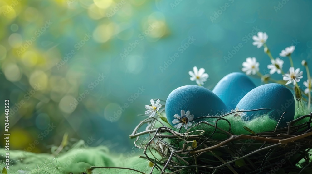 Poster three blue eggs in a nest surrounded by flowers. suitable for easter and spring themed designs
