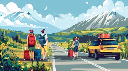 Modern illustration of hitchhiker tourists on a car road. Couple journeying together and hitchhiking on the highway. Summer landscape with highway and people on roadside with suitcases, modern hand - obrazy, fototapety, plakaty