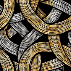 A series of gold and silver lines that are intertwined and overlapping. The lines are drawn in a way that creates a sense of movement and fluidity
