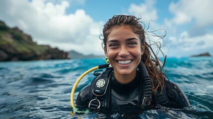 Portrait of a woman in scuba diving gear and rubber wetsuit posing in front of sea and mountain backdrop with a big space for text or product, Generative AI.