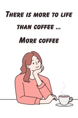 Illustration of a woman at a table with coffee and a quote about coffee