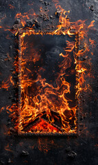 Flaming frame on a dark backdrop, resembling a fiery portal.