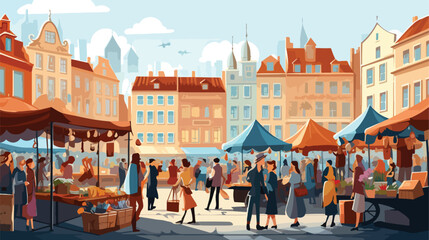 Magical market square bustling with vendors selling - obrazy, fototapety, plakaty