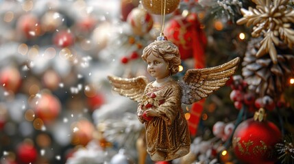 Fototapeta premium A beautiful golden angel ornament hanging from a Christmas tree. Perfect for holiday decorations
