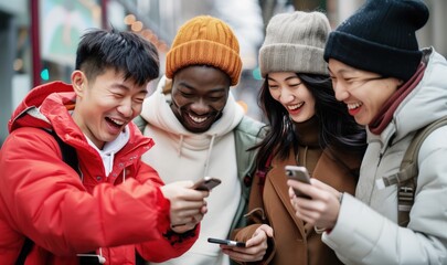 Friends Enjoying Social Media on Smartphones Together