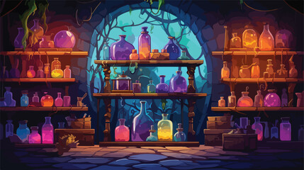 Magical potion shop with shelves stocked with color