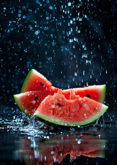 Water splashed delicious watermelon slices, isolated dark background.