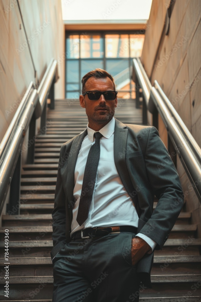 Wall mural A man in a suit and tie standing on a set of stairs. Suitable for business concepts