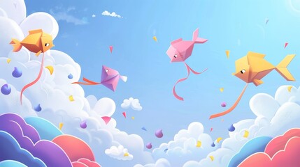 Fototapeta na wymiar Cartoon illustration of Makar Sankranti, kite festival. Cute colorful paper toys in shapes of fish and birds flying on wind in blue sky with clouds.