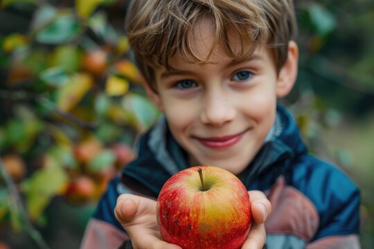 Young boy holding an apple, versatile image for various projects