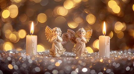Fototapeta premium Two angel figurines sitting on a table, perfect for religious or home decor themes