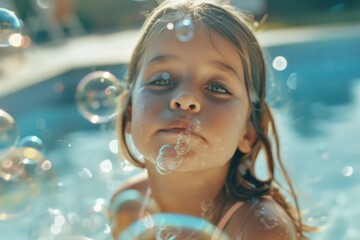 A young girl blowing bubbles in a pool. Suitable for summer-themed designs - obrazy, fototapety, plakaty