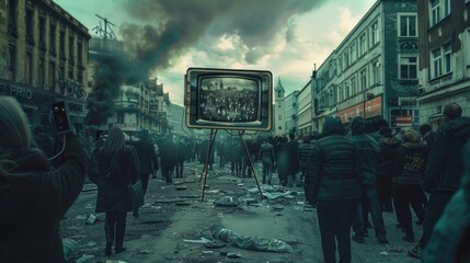 Group of people walking down a street next to a television. Suitable for urban lifestyle concepts