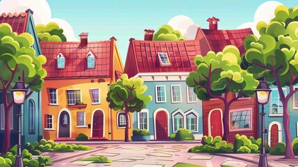 A panoramic view of Scandinavian city street with traditional buildings. Modern cartoon illustration of a cozy town with old houses, red roofs, green trees and lanterns on a sidewalk in summer.