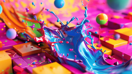 Multicolored 3D paint stream dances over a geometric canvas in lively artistry.